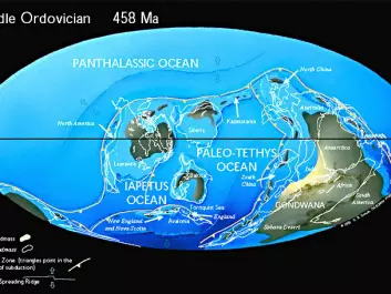 The map shows the location of the continents in the geological period Ordovicum in which the disaster occurred. (Source: Naturhistoriska Riksmuseet)
