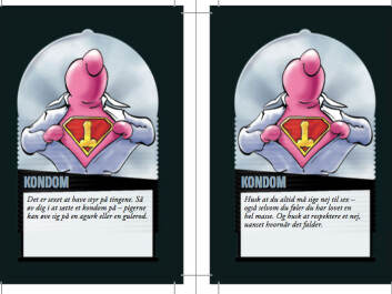 The texts below the pictures of the condom man include information about how to put on a condom and a the line 'Everyone has the right to say no to sex.' (Screenshot from the game LoveSick. Currently available in Danish only.) The texts below the pictures of the condom man include information about how to put on a condom and a the line 'Everyone has the right to say no to sex.' (Screenshot from the game LoveSick. Currently available in Danish only.)