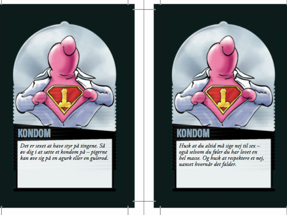 The texts below the pictures of the condom man include information about how to put on a condom and a the line 'Everyone has the right to say no to sex.' (Screenshot from the game LoveSick. Currently available in Danish only.)