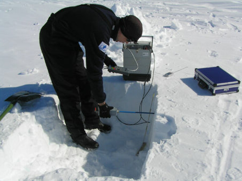 Measurements of snow density and temperature being taken near the Aboa research station. (Photo: Timo Vihma)