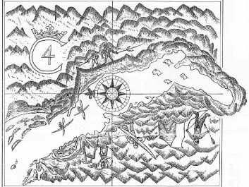 James Hall’s map of the Itivdleq Fjord, which he called Kong Christians Fjord after the Danish monarch. Apart from geographical features, several Greenlanders are depicted on the map. The man with a kayak over his shoulder is holding a bird spear in his left hand; the larger of the two Greenlanders pictured on the right of Christian IV’s monogram is also holding a bird spear. (From the 1606 expedition. After Gosch: Danish Arctic Expeditions, 1605 to 1620.)