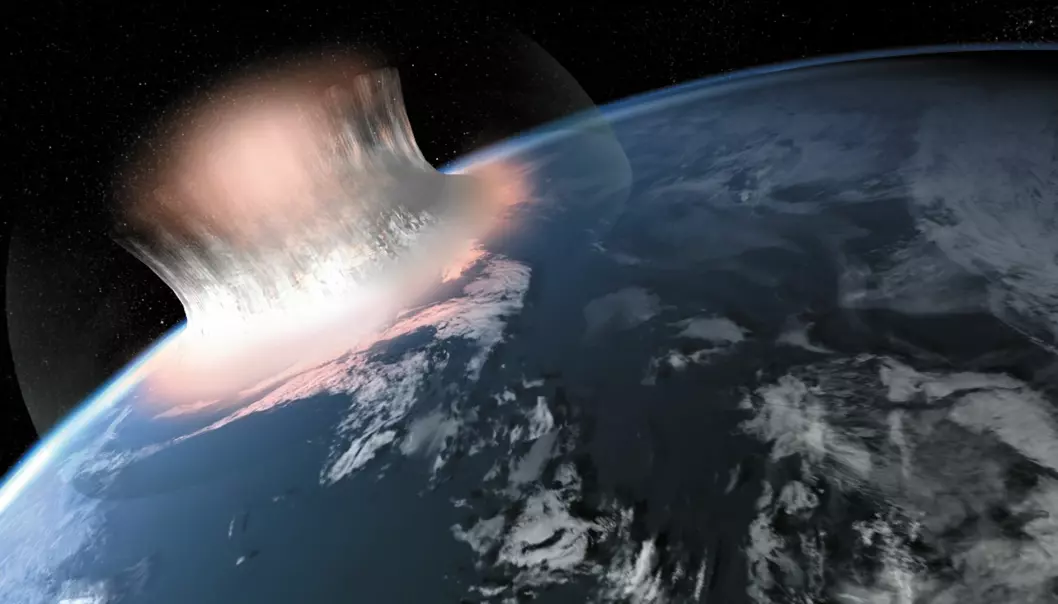An artist’s rendition of how a giant meteorite impact in a marine area might have looked like in the first second of crater formation. (Illustration: Carsten Egestal Thuesen, GEUS)