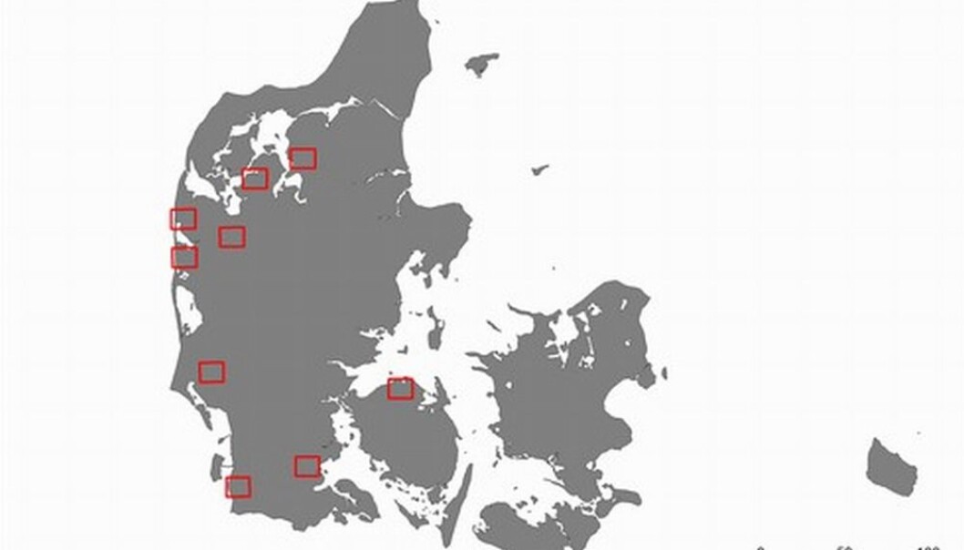 The nine areas in Denmark selected for the aerial archaeology project, which is scheduled to run until 2013. The nine areas in Denmark selected for the aerial archaeology project, which is scheduled to run until 2013.