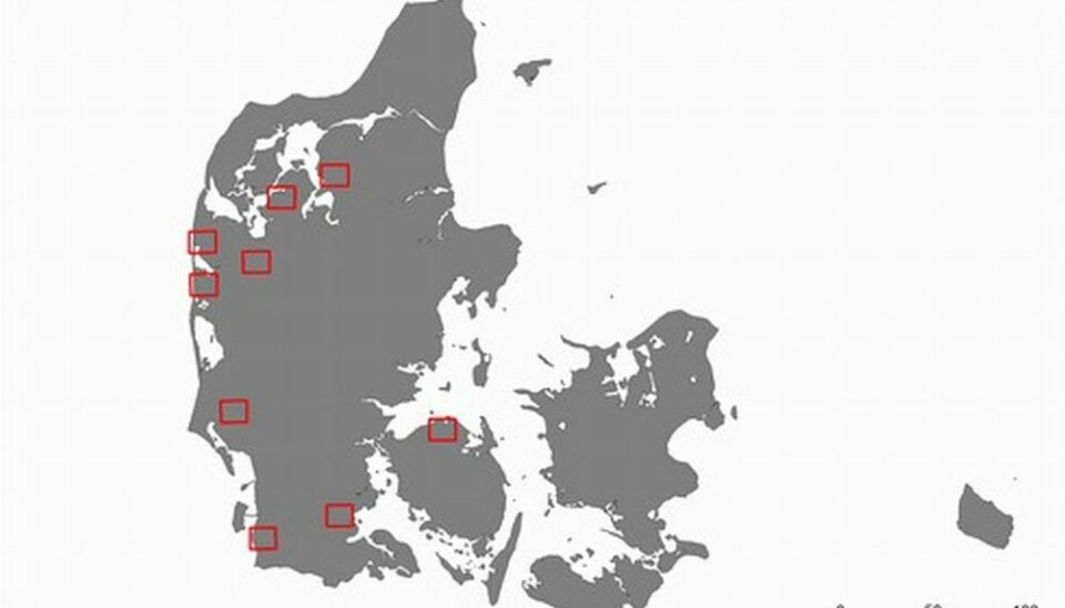The nine areas in Denmark selected for the aerial archaeology project, which is scheduled to run until 2013.
