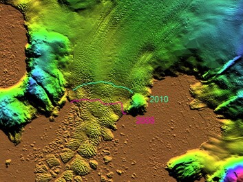 On the basis of 30-year-old aerial photos, researchers have drawn a topographical map of a 700-km long stretch of northwestern Greenland. This topographical map shows clearly how icebergs calve from the Kong Oscar Glacier in 1985. In addition, the locations of the glacier’s terminus (snout) in 2005 and 2010 are indicated. (Illustration: Anders Bjørk, Natural History Museum of Denmark) On the basis of 30-year-old aerial photos, researchers have drawn a topographical map of a 700-km long stretch of northwestern Greenland. This topographical map shows clearly how icebergs calve from the Kong Oscar Glacier in 1985. In addition, the locations of the glacier’s terminus (snout) in 2005 and 2010 are indicated. (Illustration: Anders Bjørk, Natural History Museum of Denmark)
