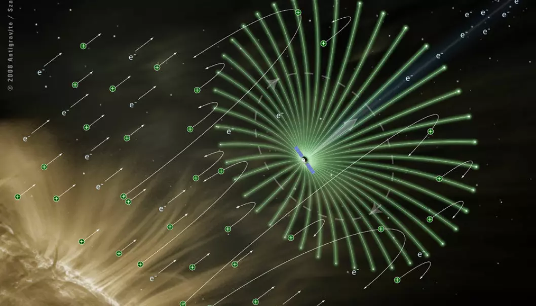 The electric solar wind sail will not use sunlight, but hydrogen nuclei and electrons that blast away from the Sun. (Illustration: Alexandre Szames, Antigravite, Paris)