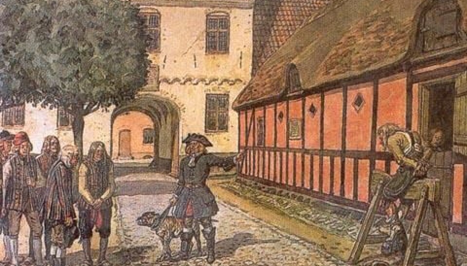 Christen Simmensen was placed on a torture device known as a wooden horse as punishment for his New Year’s antics. (Watercolour painting by Rasmus Christiansen, c. 1925)
