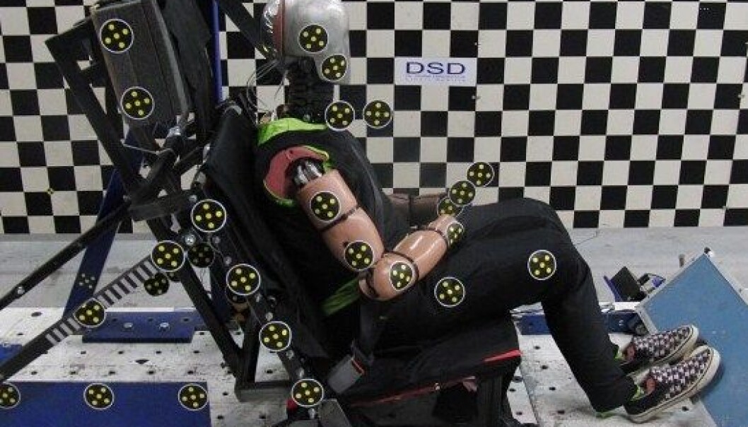 Women have entered the arena of the crash test laboratory, in form of a prototype female dummy. (Photo: Chalmers Technical University) Women have entered the arena of the crash test laboratory, in form of a prototype female dummy. (Photo: Chalmers Technical University)
