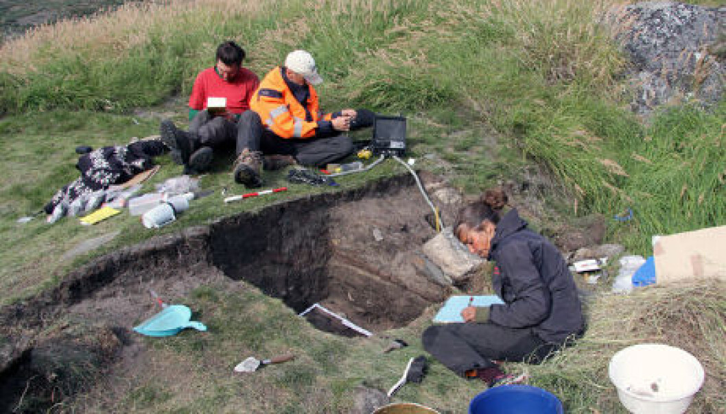 Interdisciplinary work: an archaeologist, a pollen analyst and a conservation expert working closely together at an excavation deep in Greenland’s Austmanna Valley. (Photo: Christian Koch Madsen) Interdisciplinary work: an archaeologist, a pollen analyst and a conservation expert working closely together at an excavation deep in Greenland’s Austmanna Valley. (Photo: Christian Koch Madsen)