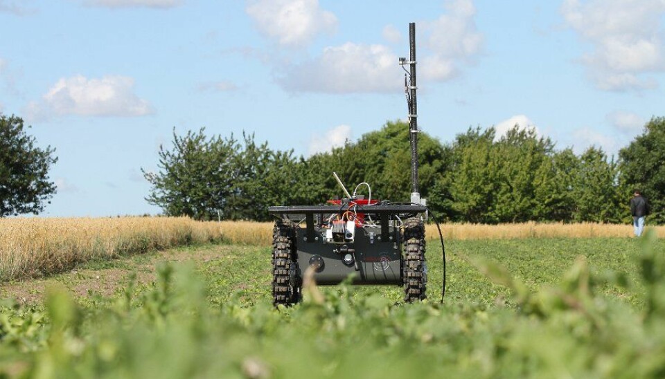One of the field robots. It weighs 140 kg and runs on batteries. Its job is to remove weeds and measure the crop growth stage and the soil nitrate content. (Photo: ASETA project)