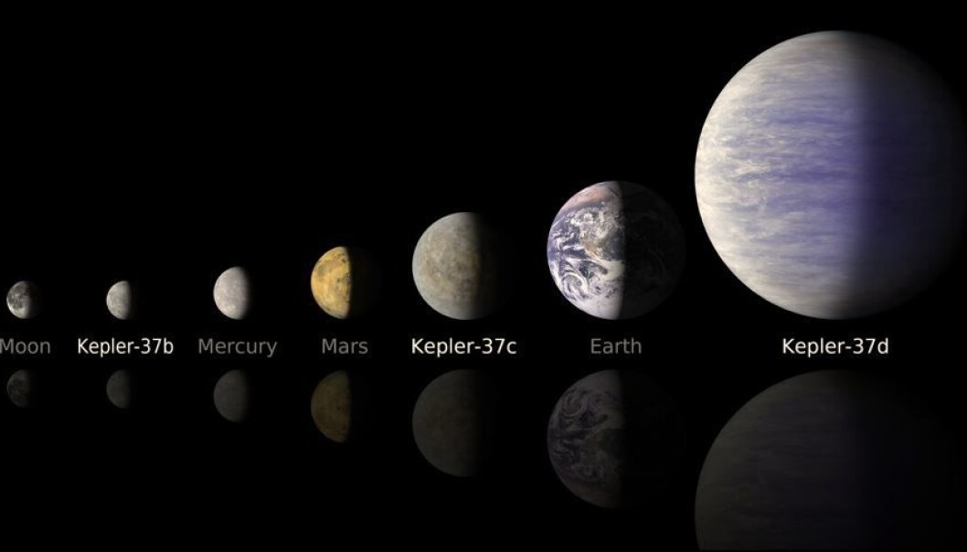 This line-up compares artist's concepts of the planets in the Kepler-37 system to the moon and planets in the solar system. The smallest planet, Kepler-37b, is slightly larger than our moon, measuring about one-third the size of Earth. Kepler-37c, the second planet, is slightly smaller than Venus, measuring almost three-quarters the size of Earth. Kepler-37d, the third planet, is twice the size of Earth. (Illustration: NASA/Ames/JPL-Caltech) This line-up compares artist's concepts of the planets in the Kepler-37 system to the moon and planets in the solar system. The smallest planet, Kepler-37b, is slightly larger than our moon, measuring about one-third the size of Earth. Kepler-37c, the second planet, is slightly smaller than Venus, measuring almost three-quarters the size of Earth. Kepler-37d, the third planet, is twice the size of Earth. (Illustration: NASA/Ames/JPL-Caltech)