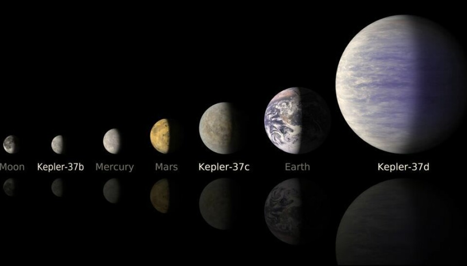 This line-up compares artist's concepts of the planets in the Kepler-37 system to the moon and planets in the solar system. The smallest planet, Kepler-37b, is slightly larger than our moon, measuring about one-third the size of Earth. Kepler-37c, the second planet, is slightly smaller than Venus, measuring almost three-quarters the size of Earth. Kepler-37d, the third planet, is twice the size of Earth. (Illustration: NASA/Ames/JPL-Caltech)