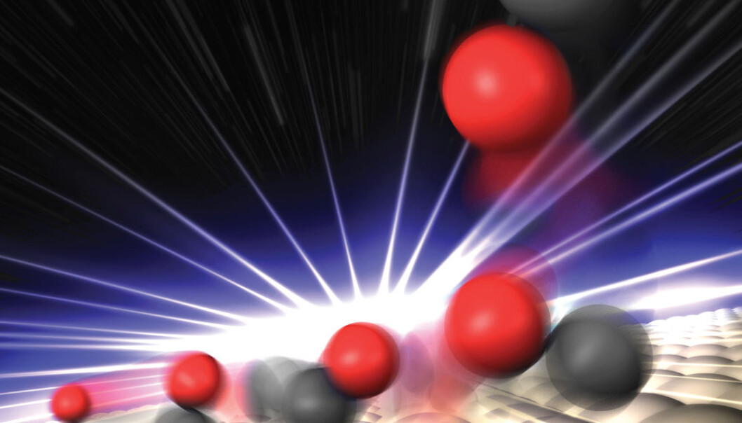 The researchers used a new free-electron X-ray laser to study how CO molecules react on the surface of a catalyst. Danish researchers have helped develop the theoretical background for the experiment. (Graphic: Greg Stewart/SLAC National Accelerator Laboratory) The researchers used a new free-electron X-ray laser to study how CO molecules react on the surface of a catalyst. Danish researchers have helped develop the theoretical background for the experiment. (Graphic: Greg Stewart/SLAC National Accelerator Laboratory)