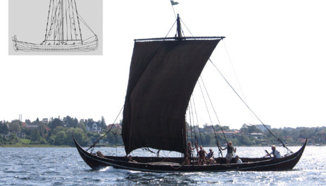 A full-scale replica of wreck 3 from Skuldelev. Inserted is a drawing of a 19th century fishing vessel from Norway. (Illustration: Ole Kastholm/Bernhard Færøyvik) A full-scale replica of wreck 3 from Skuldelev. Inserted is a drawing of a 19th century fishing vessel from Norway. (Illustration: Ole Kastholm/Bernhard Færøyvik)