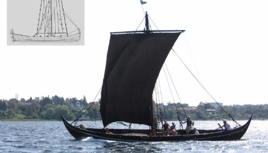 A full-scale replica of wreck 3 from Skuldelev. Inserted is a drawing of a 19th century fishing vessel from Norway. (Illustration: Ole Kastholm/Bernhard Færøyvik)