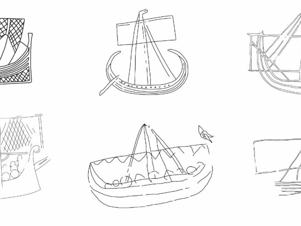 A selection of Scandinavian ship pictures from rune stones, coins, picture stones and graffiti, dated to the period from the 8th to the early 12th century. (Illustration: Ole Kastholm)