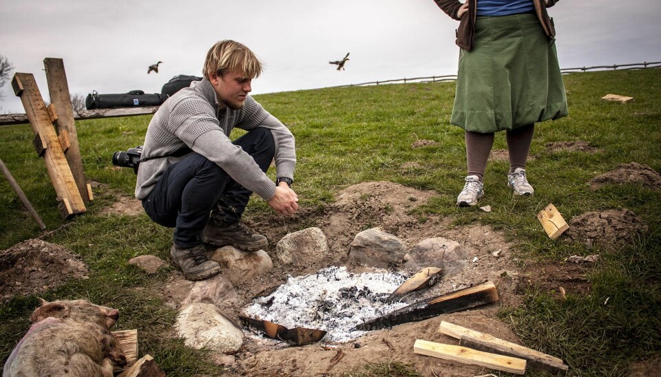 The pyre has burnt down and the piglet along with it. Left is only a few bones and half a skull. Tomorrow Jæger and Johansen will carefully examine the condition of the remains. (Photo: Kristian Secher, Videnskab.dk)