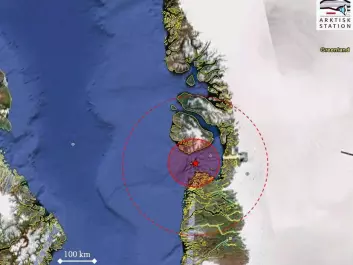 The asterisk indicates a singing whale in Disko Bay. The propagation of the song depends on its frequency. The large dashed circle shows the range of the lowest frequencies (around 1 kHz). (Graphic: Outi Tervo)