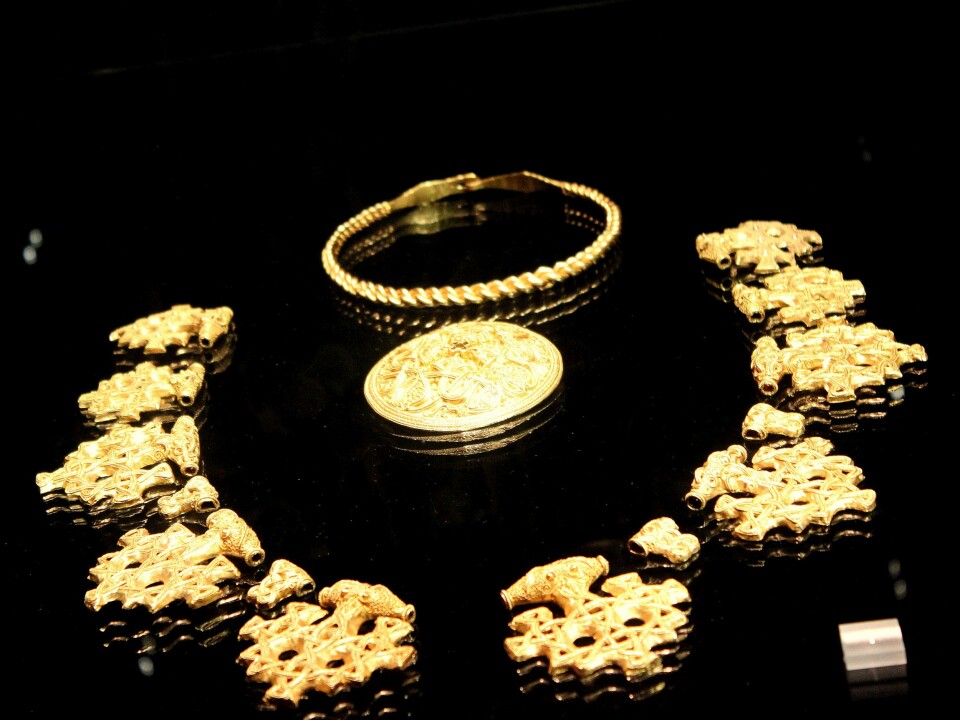 A Viking treasure found on the Hiddensee island in Germany. This used to be a chain consisting of 16 items of pure gold, and was presumably made in Denmark in the 10th century. (Photo: Asbjørn Mølgaard Sørensen)