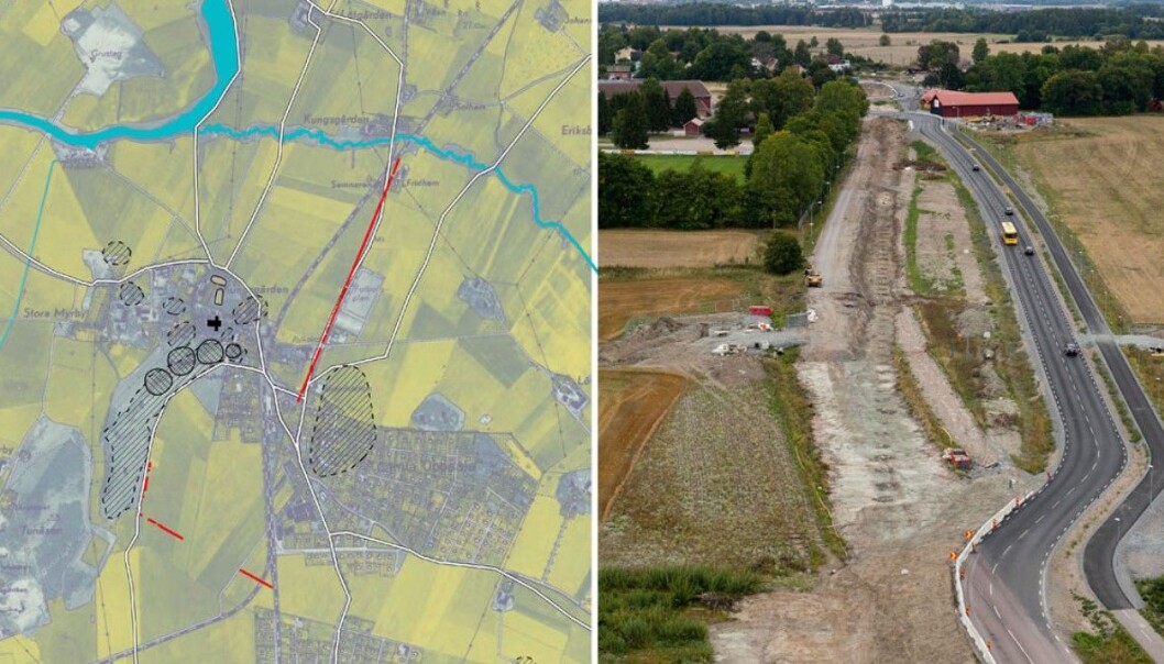 The red lines on the map at left designate where the rows of posts have stood. The kilometre-long strip with post holes is seen at right. Gamle Uppsala – Old Uppsala – is about 60 km north of Stockholm. (Photo: Swedish National Heritage Board /www.flygfoto.com) The red lines on the map at left designate where the rows of posts have stood. The kilometre-long strip with post holes is seen at right. Gamle Uppsala – Old Uppsala – is about 60 km north of Stockholm. (Photo: Swedish National Heritage Board /www.flygfoto.com)