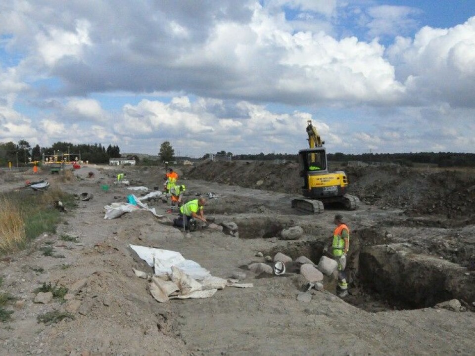 Archaeologists at work on what was once a row of tall posts, nearly a kilometre long. (Photo: Swedish National Heritage Board)