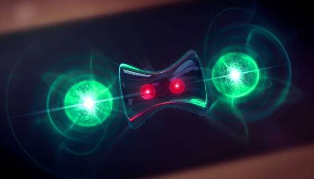 An artist’s impression of the experiment. Four ions are trapped on a line. The outer Magnesium ions (green) cool the system by emitting light. Lasers are used to prepare the inner Beryllium ions (red) in an entangled state where the state of the particles cannot be understood individually. Instead, one needs to consider the two ions as a whole. As opposed to previous experiments, the latter process also occurs by the emission of light. (Credit NIST). An artist’s impression of the experiment. Four ions are trapped on a line. The outer Magnesium ions (green) cool the system by emitting light. Lasers are used to prepare the inner Beryllium ions (red) in an entangled state where the state of the particles cannot be understood individually. Instead, one needs to consider the two ions as a whole. As opposed to previous experiments, the latter process also occurs by the emission of light. (Credit NIST).