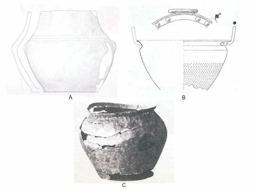 The three Danish jars. The oldest one (A) is believed to date back to 1500-1300 BC. The second-oldest one (B) turned out to contain remains of wine. The youngest jar (C) dates to around 200 BC. (Photo: Patrick E. McGovern et al.)