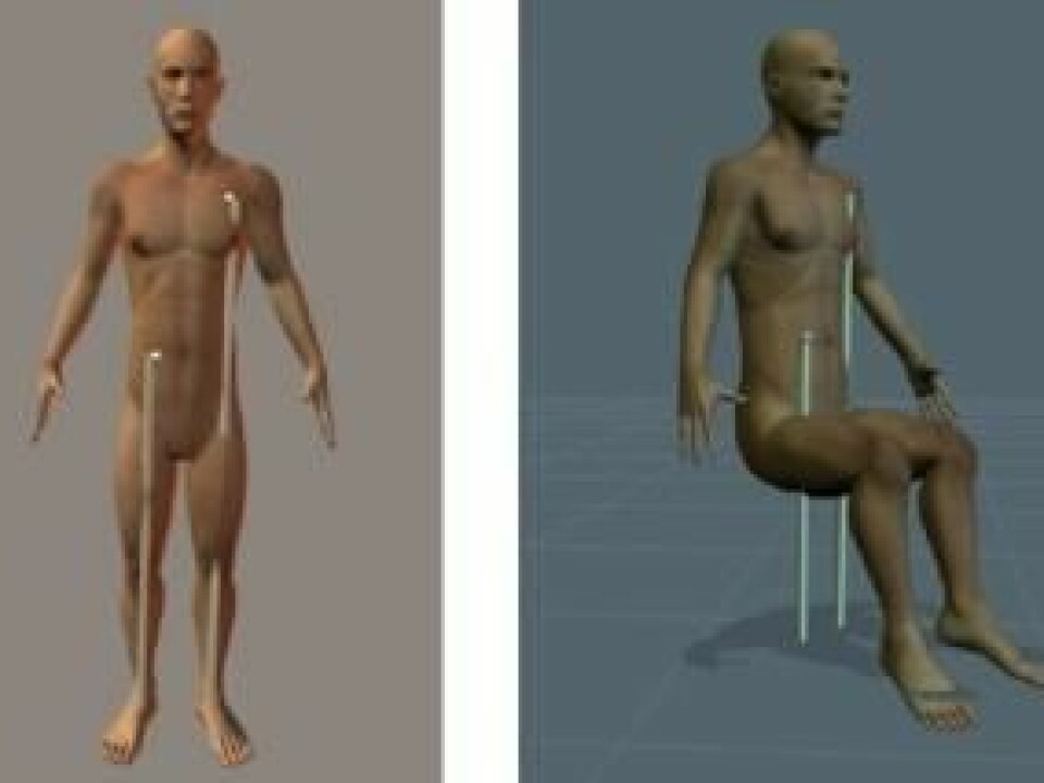 The computer model posing in a standing and sitting position. The white lines show measurements of the lesions. (Photo: Slot, Larsen and Lynnerup 2014, JFS)