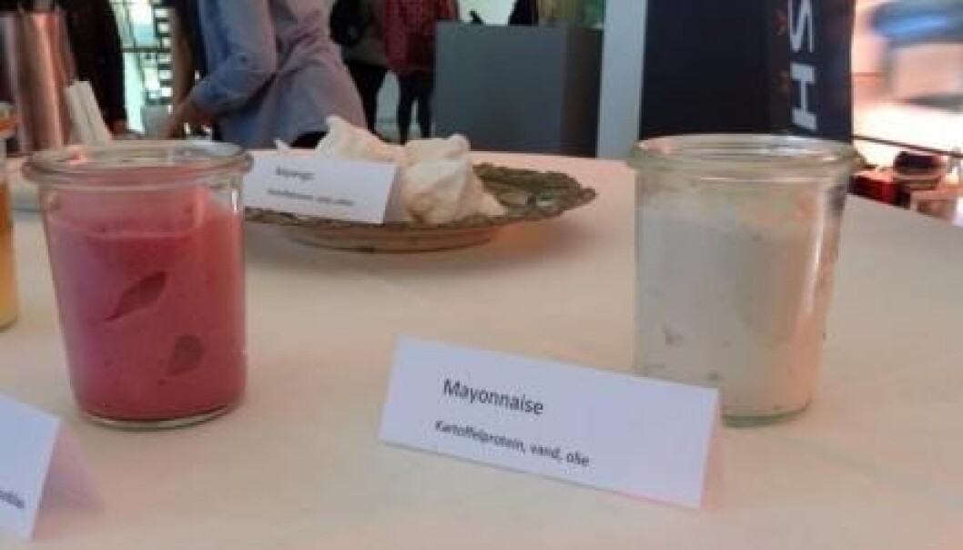 According to PhD student Jesper Malling Schmidt, all these three samples – (pictured from left) the reddish mousse, the meringue and the mayonnaise fortified with potato protein – taste like the real deal. (Photo: Anne Marie Lykkegaard) According to PhD student Jesper Malling Schmidt, all these three samples – (pictured from left) the reddish mousse, the meringue and the mayonnaise fortified with potato protein – taste like the real deal. (Photo: Anne Marie Lykkegaard)