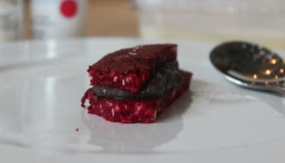 It may look like a steak, but this piece of 'meat' has been conjured by French chemist Hervé This who added all the molecules required to create a beef. He then mixed it with water, the taste of mushrooms, and a dash of colouring. (Photo: Anne Marie Lykkegaard)