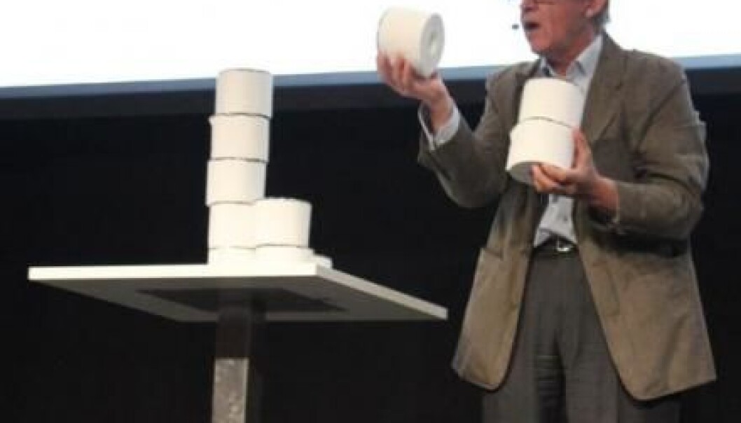 The girls being born now will grow up to have just two children, and their daughters will have two children, and so on. The world population peaks at 14 billion people, plus one billion, because we reach a higher age on average. Hans Rosling illustrated this point by stacking toilet paper rolls. (Photo: Jeppe Wojcik) The girls being born now will grow up to have just two children, and their daughters will have two children, and so on. The world population peaks at 14 billion people, plus one billion, because we reach a higher age on average. Hans Rosling illustrated this point by stacking toilet paper rolls. (Photo: Jeppe Wojcik)