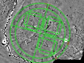 The green lines show the floor plan of the viking Fortress 'Fyrkat' placed on top of the Vallø Borgring site. The researcher expect the fortress to have the same shape as the fortress 'Fyrkat'. The red dots show where they have excavated. (Photo: Danish Castle Centre) The green lines show the floor plan of the viking Fortress 'Fyrkat' placed on top of the Vallø Borgring site. The researcher expect the fortress to have the same shape as the fortress 'Fyrkat'. The red dots show where they have excavated. (Photo: Danish Castle Centre)