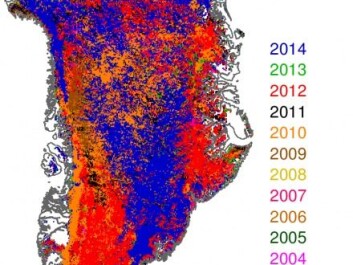 More heat means more ice melting. The colours on the map of Greenland show which years the ice sheet reached the lowest levels of reflection -- i.e. when the ice was at its darkest. The blue areas show the places where the levels reached it’s minimum in 2014. (Illustration: Jason Box). More heat means more ice melting. The colours on the map of Greenland show which years the ice sheet reached the lowest levels of reflection -- i.e. when the ice was at its darkest. The blue areas show the places where the levels reached it’s minimum in 2014. (Illustration: Jason Box).