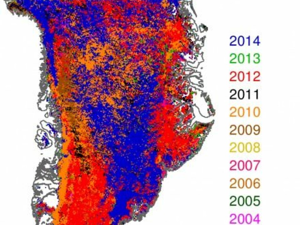 More heat means more ice melting. The colours on the map of Greenland show which years the ice sheet reached the lowest levels of reflection -- i.e. when the ice was at its darkest. The blue areas show the places where the levels reached it’s minimum in 2014. (Illustration: Jason Box).