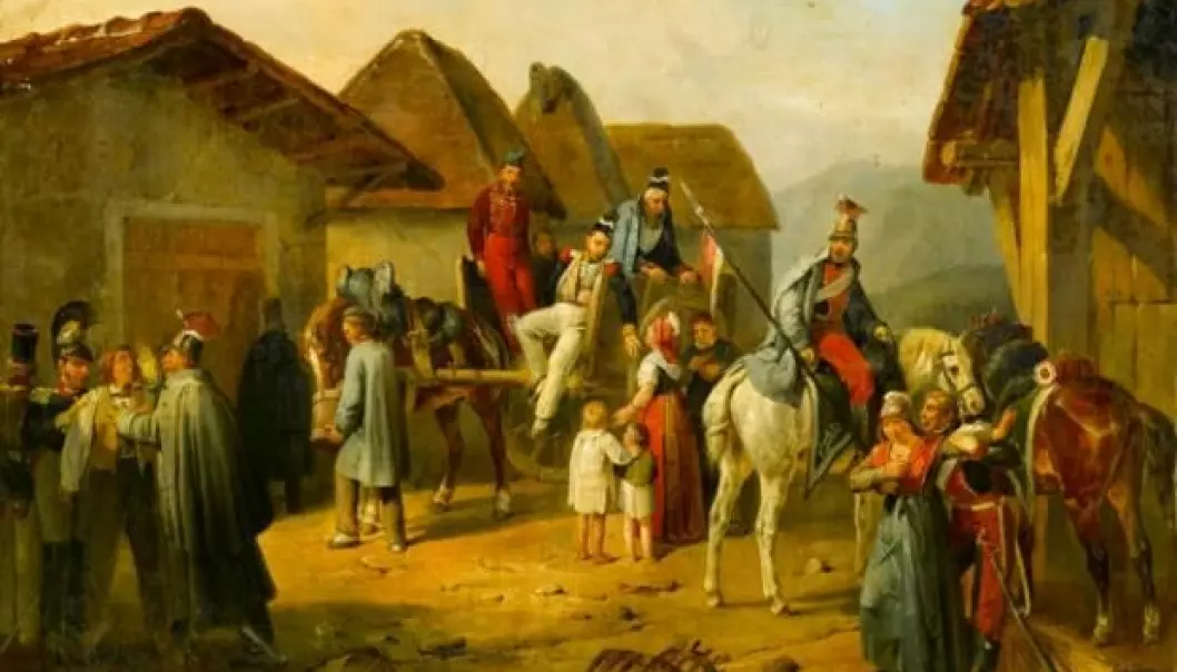 Soldiers relaxing in a village. They are not popular among the residents, who may have been citizens of an enemy territory. (Painting by Adam Albrecht)