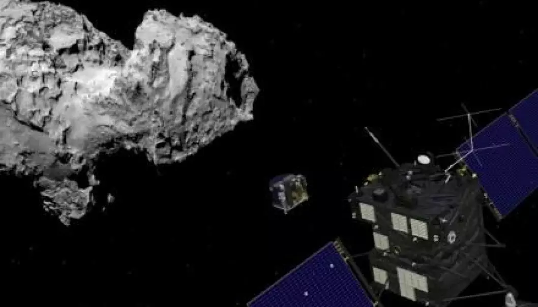 Earlier this year the Rosetta spacecraft reached the comet 67P/ Churyumov-Gerasimenko and went into orbit around it. On Wednesday, 12 November 2014, Rosetta will release its landing module, Philae, which will attempt to land on a comet for the first time in history. (Illustration: ESA)