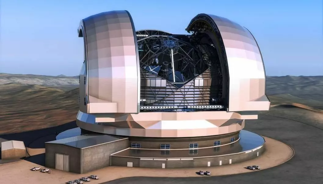 The illustration shows the European Extremely Large Telescope (E-ELT) in its domed building. The E-ELT will have a diameter of 39 metres. It will be able to capture both visible and infra-red light. It is to be built on Cerro Armazones in Chile's Atacama Desert. (Photo: ESO/L. Calçada)