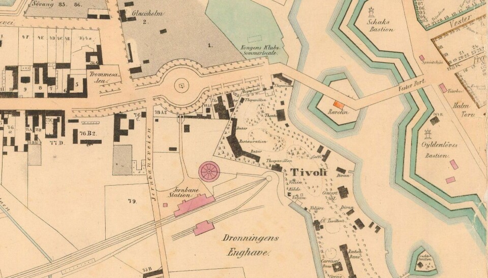 A map of Copenhagen from 1858. The moat had not yet been filled and today's City Hall Square did not yet exist. But Tivoli had been built along with Copenhagen's first rail station which is where the Central Station lies today. The railway