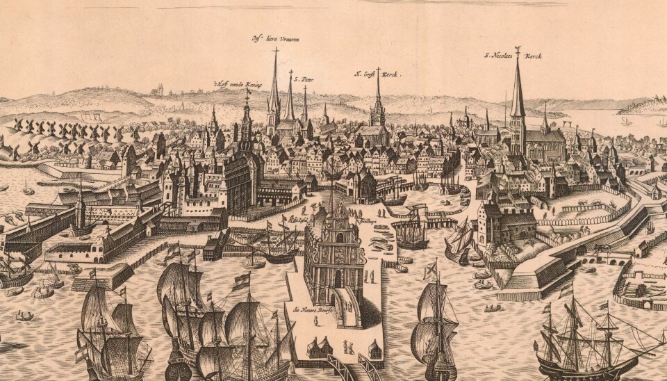 Copenhagen harbour, circa 1640. A bridge to a newly built Christianshavn was constructed at the same time as the Copenhagen Stock Exchange. To the left is the naval harbour which is a garden in present day Copenhagen. (Photo: Copenhagen City Archives)