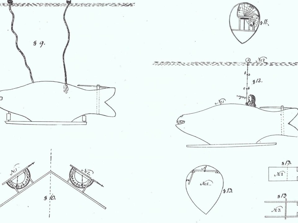 Winstrup’s submarine was about ten meters long and could move up and down using propellers connected to axles and cogwheels. He appended to his patent application a number of technical drawings that illustrated the submarine’s functions, including a system of lighting inside ‘the Whale’. (Illustration: Winstrup, Danish State Archives)