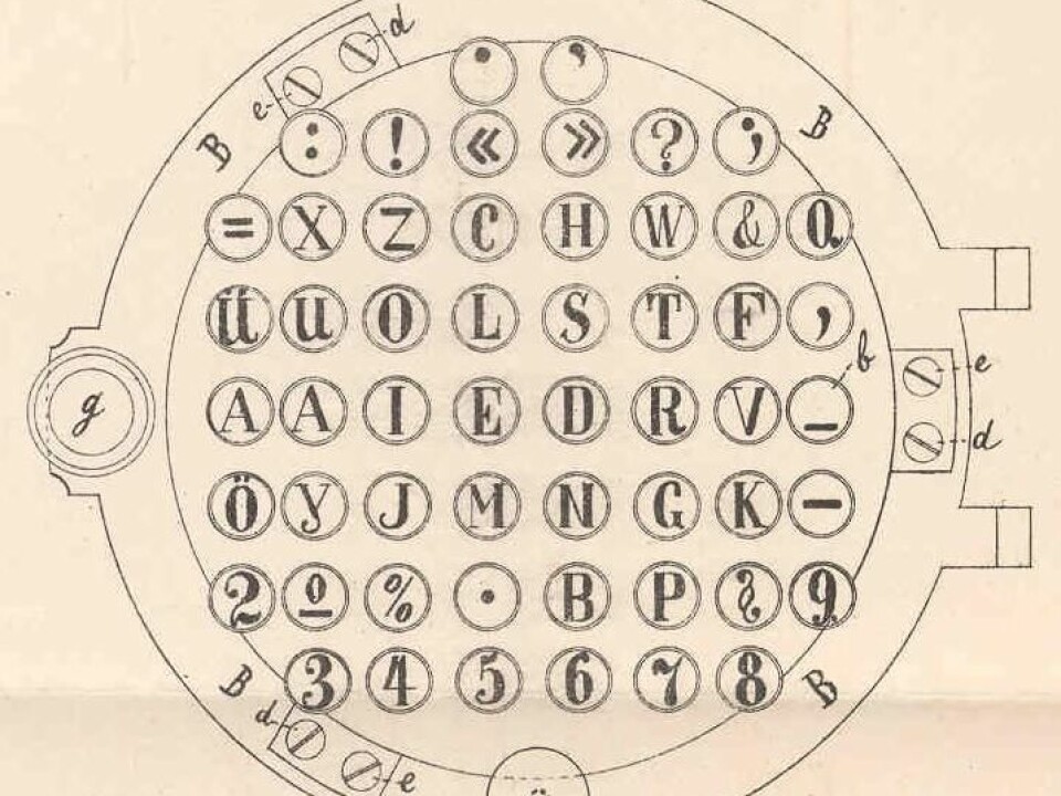 In his patent application, Rasmus Malling Hansen explained the positioning of the letters on his keyboard and he appended this drawing of the ‘Writing Ball’. (Illustration: Hansen, Danish Patent and Trademark Office)