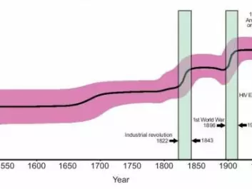 The figure shows how the number of tuberculosis bacteria from the Beijing-strain increased during events such as the Industrialization, World War 1, and the HIV epidemic. The discovery of antibiotics shows as a slight decrease in prevalence. (Illustration: Nature Genetics)
