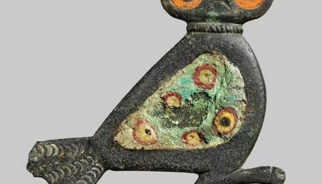 A rare Roman owl brooch from Lavegaard on Bornholm. It is categorised as a disk fibula, due to the flat body adorning the pin, often decorated with enamel in numerous colours. This piece is now on display at the National Museum in Denmark. (Photo: John Lee, National Museum)