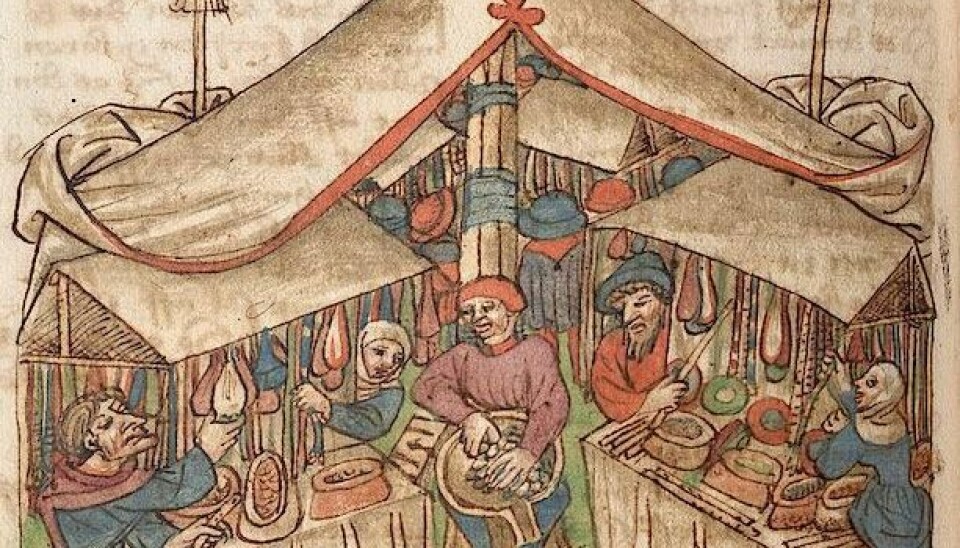 This illustration from a 15th century German manuscript shows an example of market stalls. (Tübinger Hausbuch Iatromathematisches Kalenderbuch die Kunst der Astronomie und Geomantie)