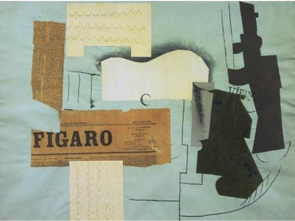 Collage arose at the start of the 1910s. One of the first artists to make use of collages was Pablo Picasso; other artists quickly followed suit, including the Dadaists, who cultivated the absurd and meaningless. In about 1920 some Dadaists were inspired by Sigmund Freud’s psychoanalysis, and this was the start of surrealism. The artists took collage techniques with them to surrealism, where they wanted to use collages to make contact with ‘the subconscious’. The strange clash between the elements in surrealistic collages often resembles those found in dreams. (Collage: Pablo Picasso: Bottle of Vieux Marc, Glass, Guitar and Newspaper (1913))