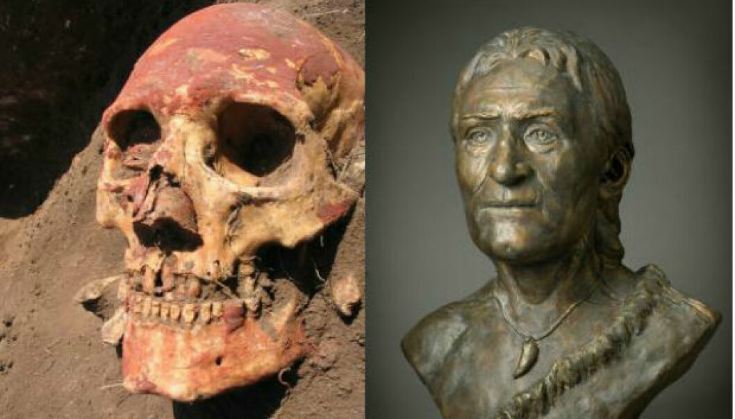 Left: Yamnaya-skull from Samara region coloured with red ochre. (Photo: Natalia Shishlina). Right: Reconstruction of Yamnaya-skull. Male face from Yamnaya culture, from the Caspian steppes in Russia between 5,000-4,800 years ago. (Reconstruction: Alexey Nechvaloda)