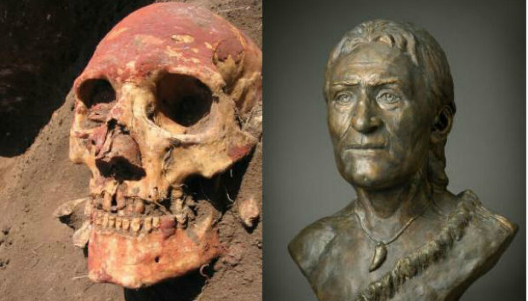 Left: Yamnaya-skull from Samara region coloured with red ochre. (Photo: Natalia Shishlina). Right: Reconstruction of Yamnaya-skull. Male face from Yamnaya culture, from the Caspian steppes in Russia between 5,000-4,800 years ago. (Reconstruction: Alexey Nechvaloda) Left: Yamnaya-skull from Samara region coloured with red ochre. (Photo: Natalia Shishlina). Right: Reconstruction of Yamnaya-skull. Male face from Yamnaya culture, from the Caspian steppes in Russia between 5,000-4,800 years ago. (Reconstruction: Alexey Nechvaloda)