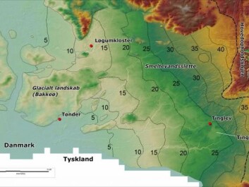 Map of the outwash plain in Southern Denmark. The position of the front of the ice sheet in the last Ice Age is shown by the dotted line to the right of the image. East of this line, is where the ice was and today the landscape is hilly. To the west (in green) is the area that was once in front of the ice, which is now a large plain formed of rocks and gravel deposited by glacial melt water. The irregularities in topography throughout the plain were caused by structures deep below the ground, according to the new research. (Illustration: Peter Sandersen) Map of the outwash plain in Southern Denmark. The position of the front of the ice sheet in the last Ice Age is shown by the dotted line to the right of the image. East of this line, is where the ice was and today the landscape is hilly. To the west (in green) is the area that was once in front of the ice, which is now a large plain formed of rocks and gravel deposited by glacial melt water. The irregularities in topography throughout the plain were caused by structures deep below the ground, according to the new research. (Illustration: Peter Sandersen)