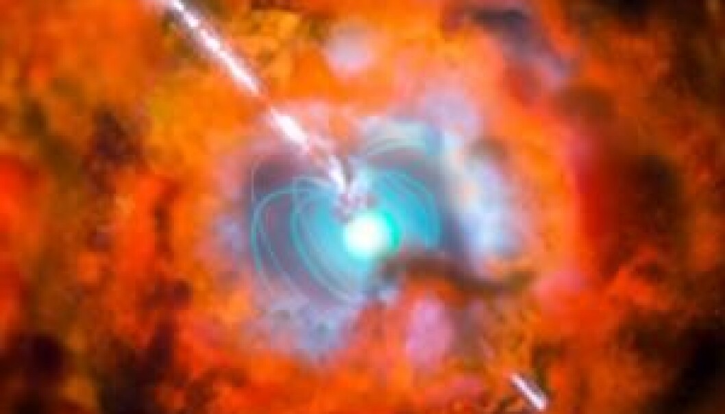 An artist’s impression of what a magnetar-reinforced supernova may look like. (Drawing: ESO) An artist’s impression of what a magnetar-reinforced supernova may look like. (Drawing: ESO)
