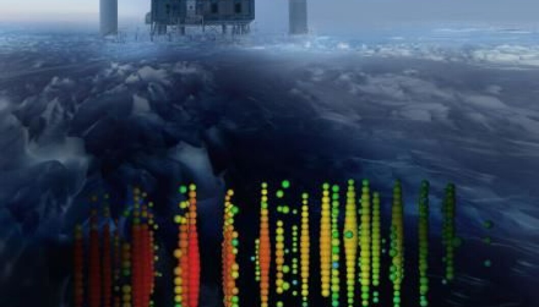 IceCube is buried under one and a half kilometres of ice at the South Pole in Antarctica. In the picture, the bubbles show the light measured by the detectors as one of the most energetic neutrinos passed through. (Illustration: IceCube Collaboration) IceCube is buried under one and a half kilometres of ice at the South Pole in Antarctica. In the picture, the bubbles show the light measured by the detectors as one of the most energetic neutrinos passed through. (Illustration: IceCube Collaboration)